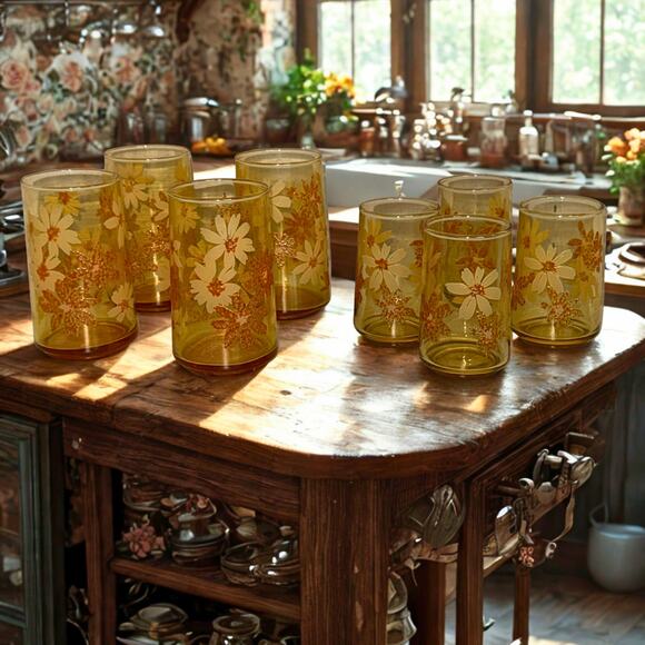 Vintage Amber Floral Glass Set – 8 Mixed-Size Daisy Tumblers 1970s - Picture 9 of 14
